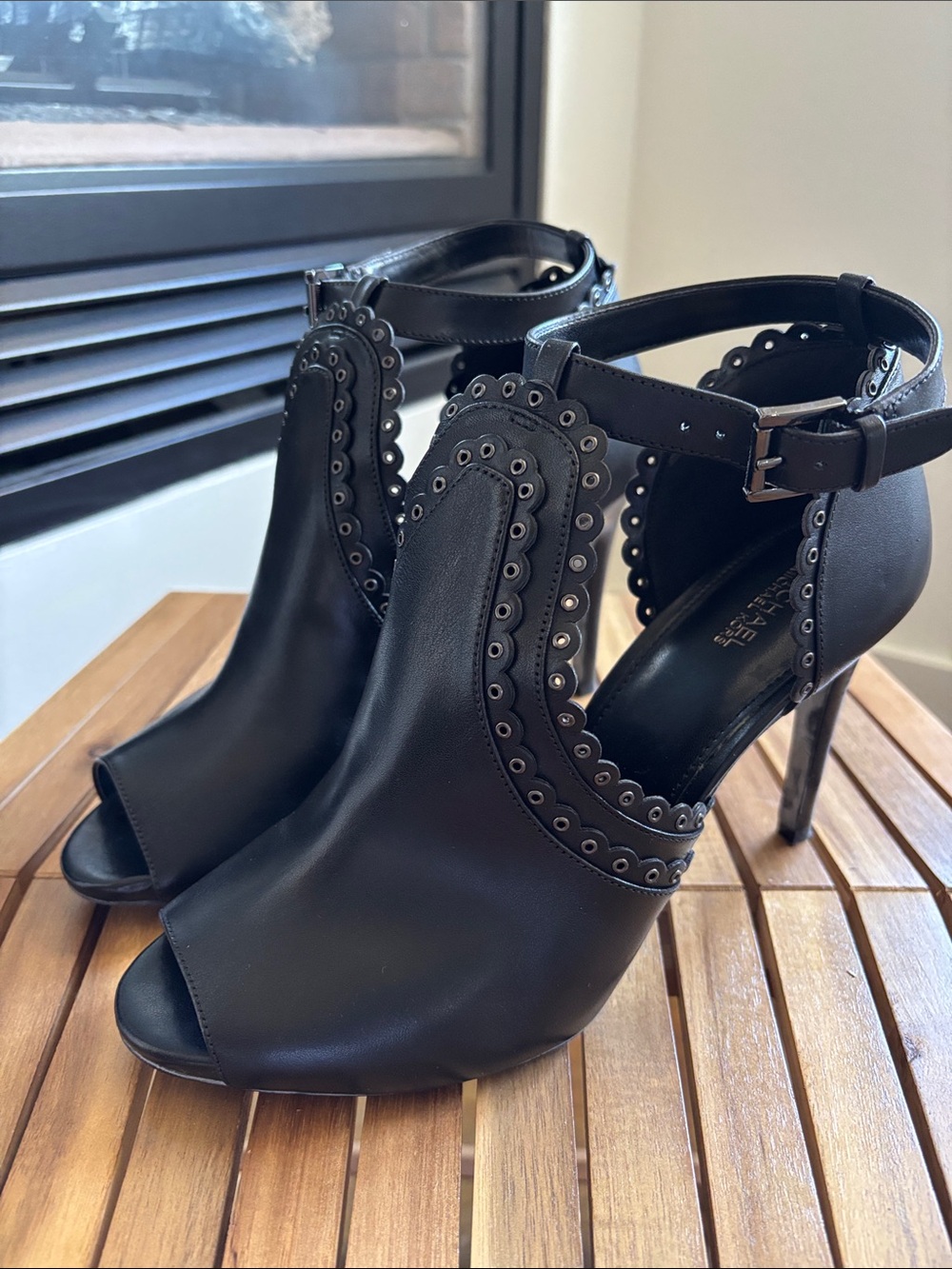 MICHAEL KORS: Black Peep-Toe Ankle Strap Heels with Eyelet Trim